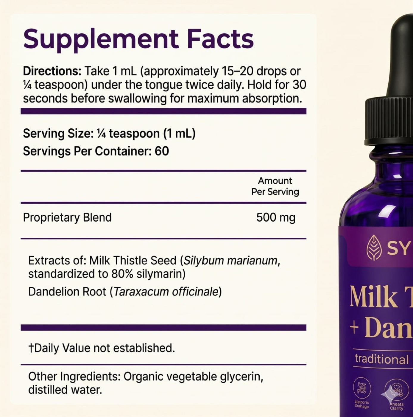 Supplement Facts — Milk Thistle 80% silymarin · Dandelion Root · 1mL twice daily
